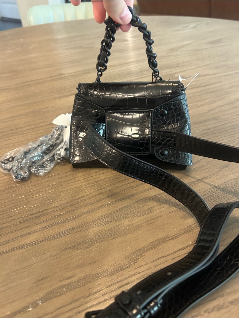 ALDO Black Croc Embossed Mini Crossbody Belt Bag Convertible Chain Strap NWT - Picture 2 of 3